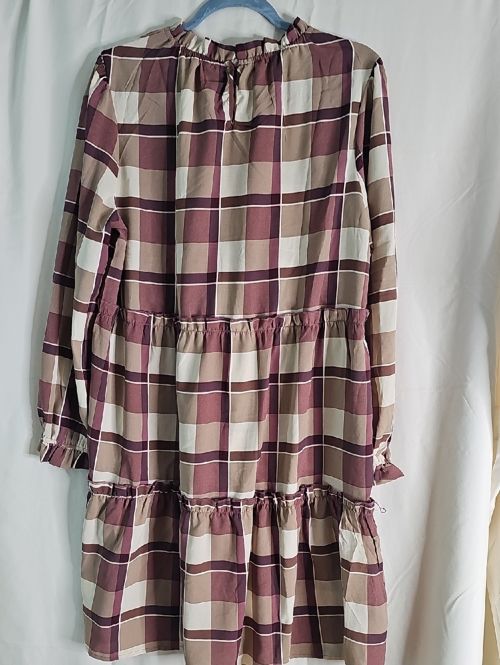 LuLaRoe Plum, Cream & Tan Plaid Tiered Dress - Picture 3 of 6